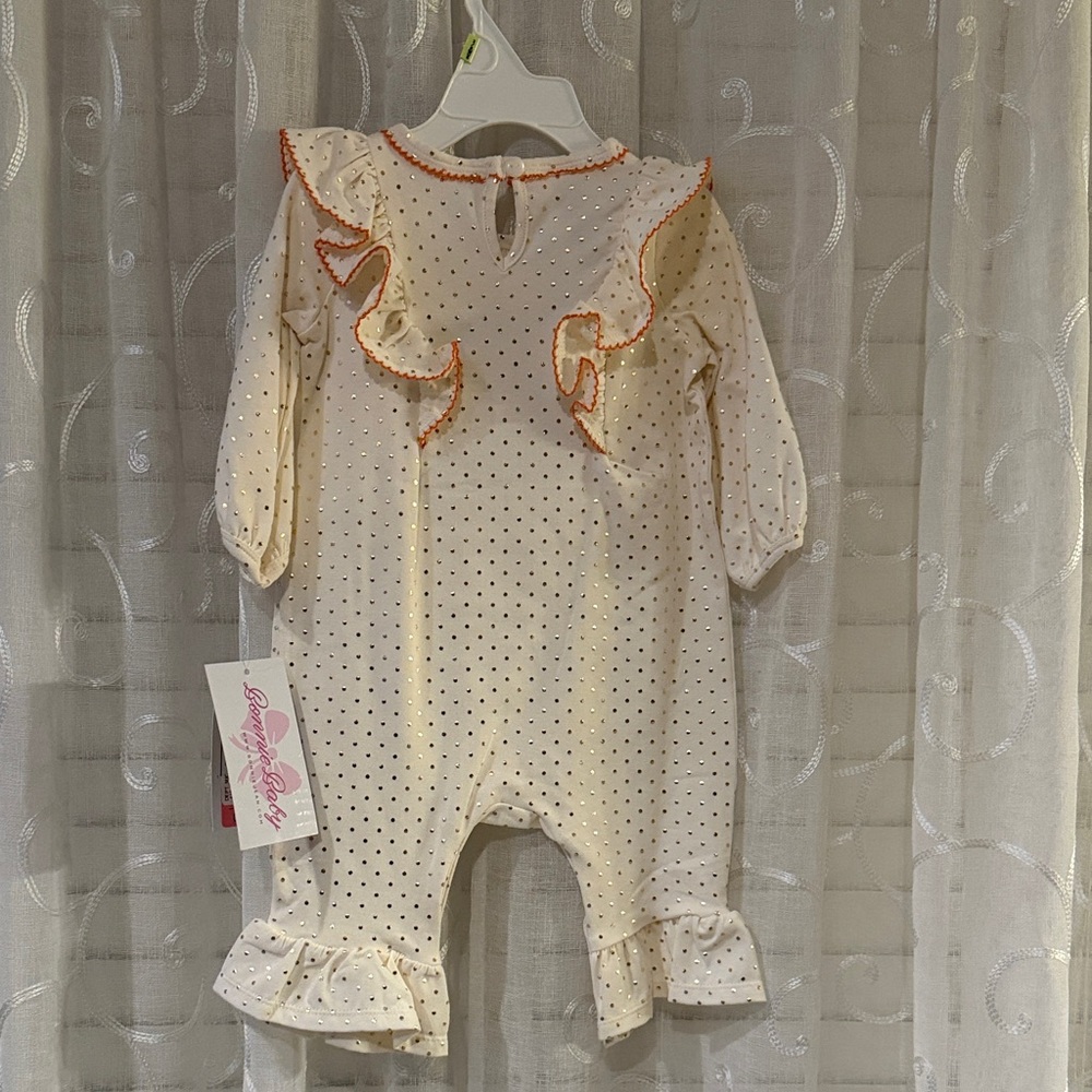 NWT!Bonnie Baby Cream and Gold Polka Dot Outfit with pumpkin in the center - Picture 6 of 7